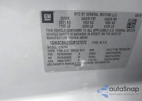 2016 Chevrolet Tahoe Lt из США, поврежденный, VIN 1GNSCBKC0GR127072